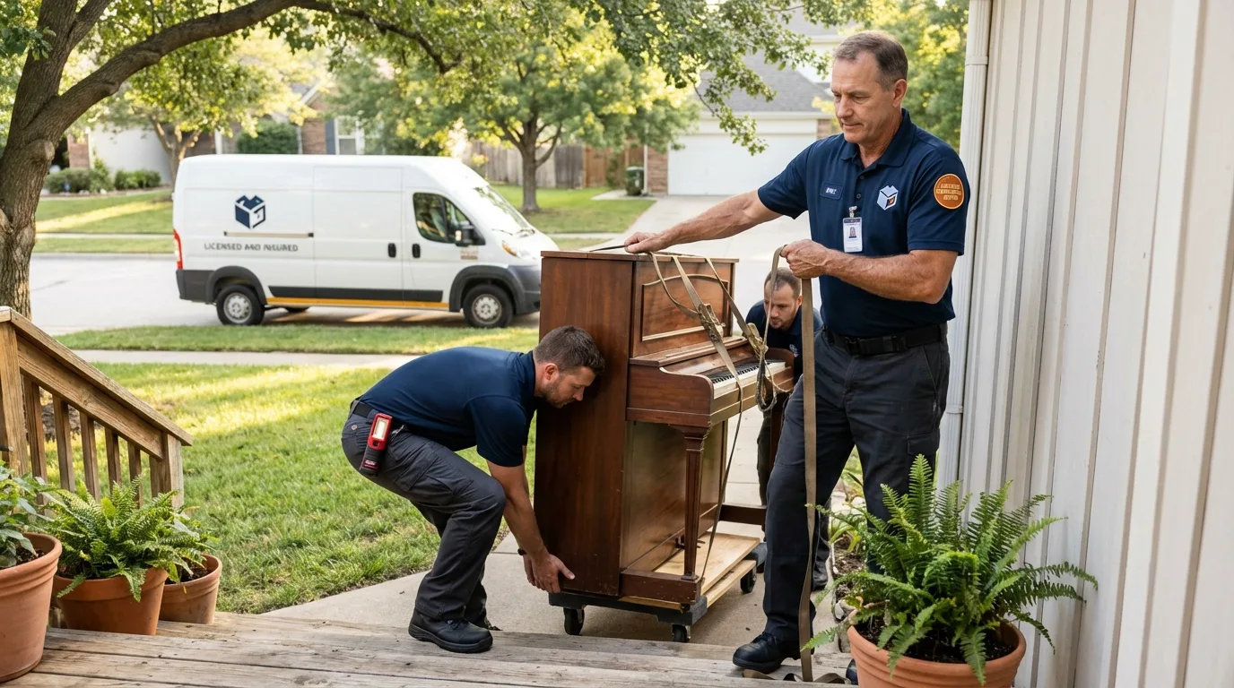 Licensed piano movers securing grand piano in Williams, AZ
