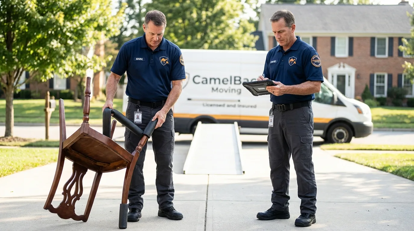 Movers inspecting furniture for damage prevention before loading in Williams, AZ