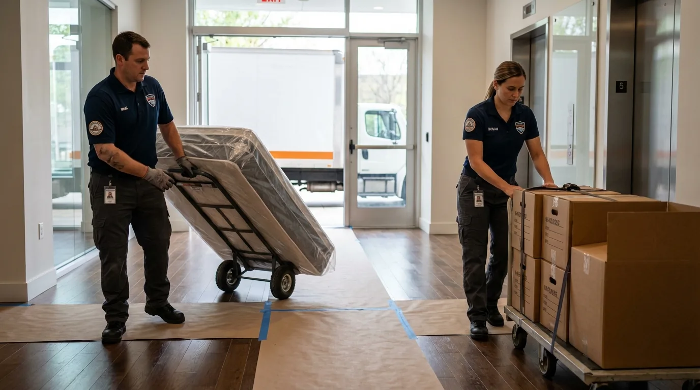 Professional apartment movers loading elevator in Williams, AZ